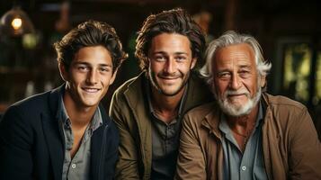 ai generado alegre retrato de Tres generaciones de caucásico hombres, todas sonriente. generativo ai foto