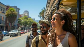 ai generado emocionado turistas Mira alrededor con curiosidad mientras explorador el monumentos. generativo ai foto