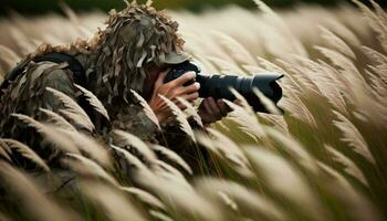 ai generado un fauna silvestre fotógrafo camuflado en el alto césped, esperando para el Perfecto disparo. generativo ai foto