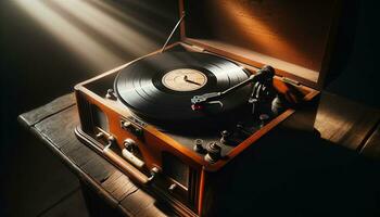 AI generated An old record player spinning a vintage vinyl in soft light. Generative AI photo