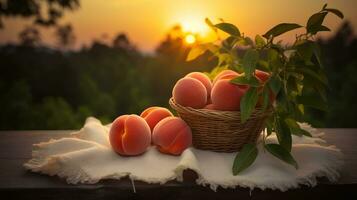 AI generated Freshly picked peaches in a basket on wooden table. Generative AI photo