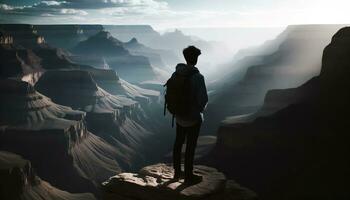 AI generated A lone traveler stands in front of a wide canyon. Generative AI photo