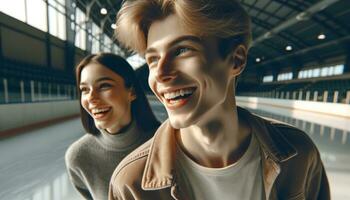 ai generado contento Pareja Patinaje en el hielo pista. generativo ai foto