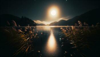 ai generado un tranquilo paisaje nocturno a el borde de un todavía lago, dónde el reflexión de el Luna crea un fascinante camino en el agua. generativo ai foto