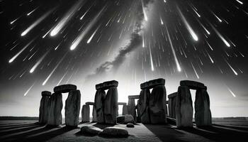 AI generated Silhouette of ancient buildings on the background of meteor shower. Generative AI photo