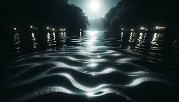 AI generated A tranquil nightscape at the edge of a still lake, where the reflection of the moon creates a fascinating path on the water. Generative AI photo