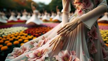 ai generado bailarines bailando en medio de floreciente flores generativo ai foto
