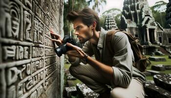 AI generated Explorers study the bygone era amidst ancient ruins. Generative AI photo