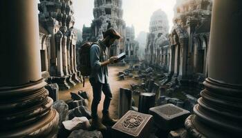 AI generated Explorers study the bygone era amidst ancient ruins. Generative AI photo