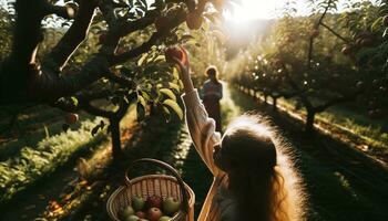 AI generated Children picking apples in the orchard. Generative AI photo