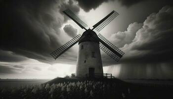AI generated Old windmills rotating gracefully against a stormy background. Generative AI photo
