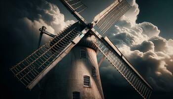 AI generated Old windmills rotating gracefully against a stormy background. Generative AI photo