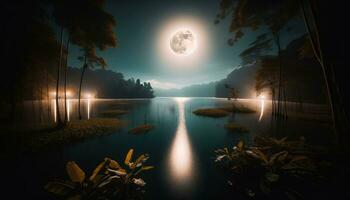 AI generated A tranquil nightscape at the edge of a still lake, where the reflection of the moon creates a fascinating path on the water. Generative AI photo