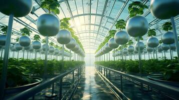 ai generado Fresco orgánico planta crecimiento en moderno invernadero tecnología ai generado foto