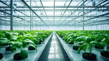 AI generated Fresh organic plant growth in modern greenhouse technology Ai Generated photo