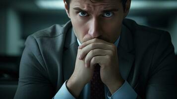 AI generated Distressed businessman lost in thought in his office. Generative AI photo