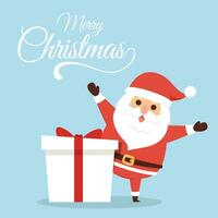 Cartoon Christmas illustrations isolated on pastel. Funny happy Santa Claus character with gift, bag with presents, waving and greeting. For Christmas cards, banners. vector