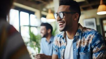 ai generado un hombre con lentes sonriente a un mesa. generativo ai foto