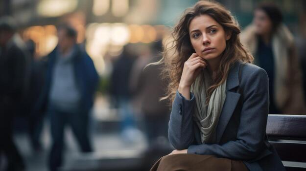 ai generado un mujer sentado en un banco en frente de un multitud, absorto en su propio pensamientos. generativo ai foto