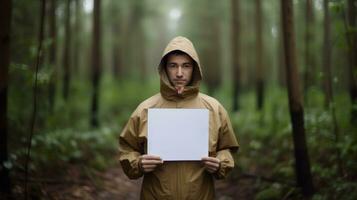 AI generated . A man in a raincoat stands in a forest holding a blank paper, ready to jot down his thoughts amidst the serene surroundings. Generative AI photo