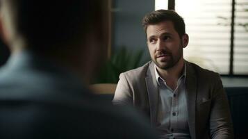 AI generated A man receiving therapy at the clinic expresses his troubles. Generative AI photo