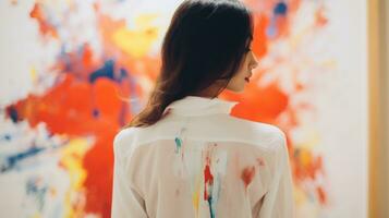 AI generated An artistic woman donning a white shirt, her back adorned with colorful paint splatters. Generative AI photo