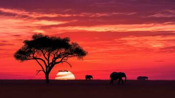 ai generado elefantes pasto en el africano sabana durante un hermosa puesta de sol. generativo ai foto