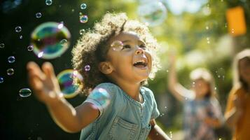 AI generated A young girl joyfully blows soap bubbles, creating a magical moment of playfulness and wonder. Generative AI photo