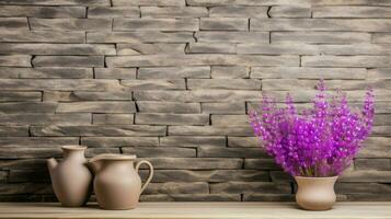AI generated Purple lavenders in a clay vase on a wooden table. Generative AI photo