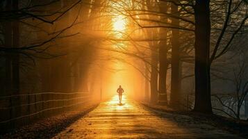 ai generado un persona trotar en un camino en el bosque a amanecer. generativo ai foto