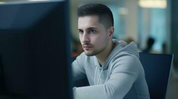 ai generado un hombre a trabajo trabajos enfocado en el computadora pantalla. generativo ai foto