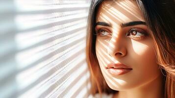 AI generated Beautiful woman looking out through the blinds in front of the window. Generative AI photo