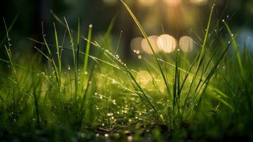 ai generado verde césped con Rocío gotas brillante en el luz de sol, creando un refrescante y vibrante escena de de la naturaleza belleza. generativo ai foto