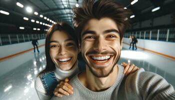 ai generado contento Pareja Patinaje en el hielo pista. generativo ai foto