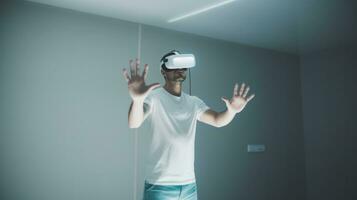 ai generado un hombre en un blanco camisa levanta su manos en frente de un virtual realidad auriculares, inmerso en un digital mundo. generativo ai foto
