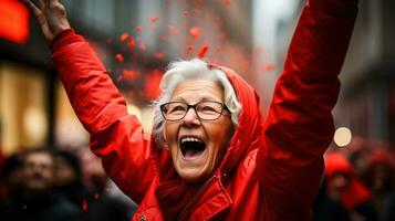 ai generado antiguo mujer celebrando con alegría en el calles de el ciudad. generativo ai foto