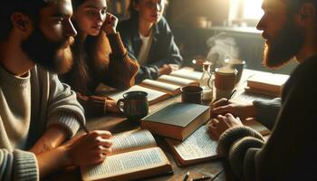 ai generado un grupo de amigos son sentado alrededor el mesa, mirando a libros y que se discute. generativo ai foto