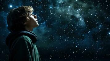 ai generado un niño admiración como él mira arriba a el estrellas en el noche cielo, contemplando el misterios de el universo. generativo ai foto