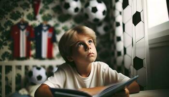 ai generado un joven chico absorto en leyendo un libro. generativo ai foto