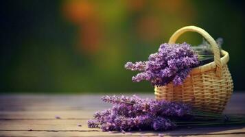 AI generated A basket of lavender flowers on a wooden table. Generative AI photo