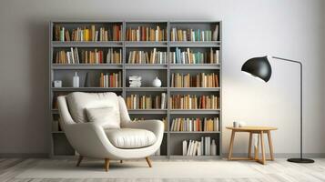 ai generado un atractivo habitación presentando un blanco silla y un estante para libros, ofrecimiento un acogedor espacio para relajación y leyendo generativo ai foto