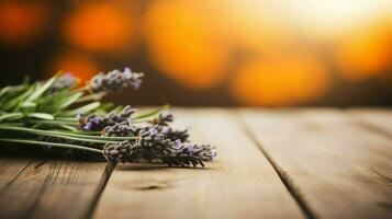 AI generated A bunch of lavender on a wooden table isolated with nature in the background. Generative AI photo