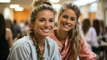 ai generado dos joven mujer sonriente felizmente. generativo ai foto