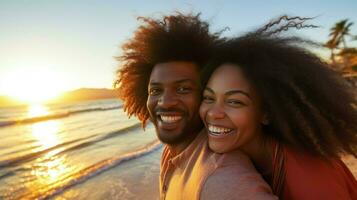 ai generado un Pareja felizmente gasta hora en el playa. generativo ai foto