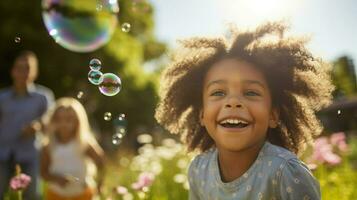 AI generated An exuberant young boy enjoys the simple pleasure of playing with soap bubbles. Generative AI photo