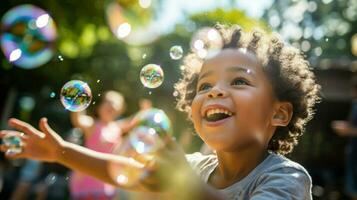 AI generated An exuberant young boy enjoys the simple pleasure of playing with soap bubbles. Generative AI photo