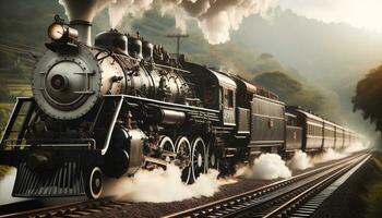 AI generated A vintage steam train moving through the countryside. Generative AI photo