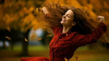 AI generated A woman in a red dress joyfully throws colorful autumn leaves into the air. Generative AI photo