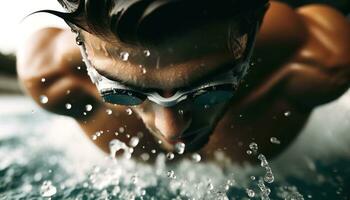ai generado un hombre vistiendo nadando gafas de protección lata ser visto nadando en el agua. generativo ai foto