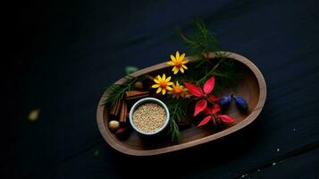 AI generated Spices and flowers in a wooden tray. Generative AI photo